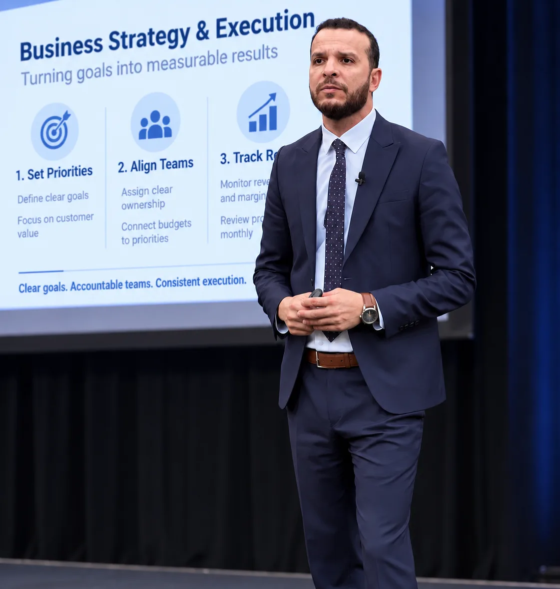 Mohammed Mansour presenting on stage in front of a business strategy slide